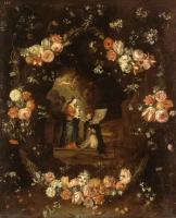 Kessel, Jan van - Madonna with the Child and St Ildephonsus Framed with a Garland of Flowers